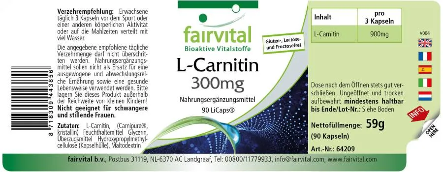 L-Carnitin Kapseln 300mg - 90 LiCaps® - Hochdosiert und Vegan | Fairvital L-Carnitin Kapseln 300mg - 90 LiCaps® - Hochdosiert und Vegan | Fairvital