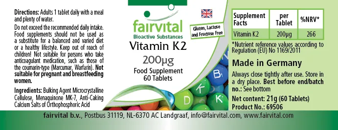 Vitamin K2 200µg - 60 Tabletten - für Knochen, Blutgerinnung - Hochdosiert und Vegan | Fairvital Vitamin K2 200µg - 60 Tabletten - für Knochen, Blutgerinnung - Hochdosiert und Vegan | Fairvital