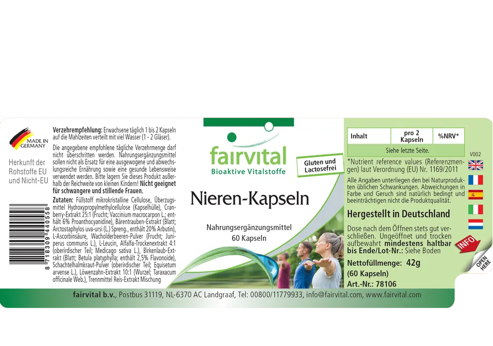 Nieren Kapseln - 60 Kapseln - mit Cranberry, Bärentraube, Löwenzahn uvm. - Hochdosiert und Vegan | Fairvital Nieren Kapseln - 60 Kapseln - mit Cranberry, Bärentraube, Löwenzahn uvm. - Hochdosiert und Vegan | Fairvital