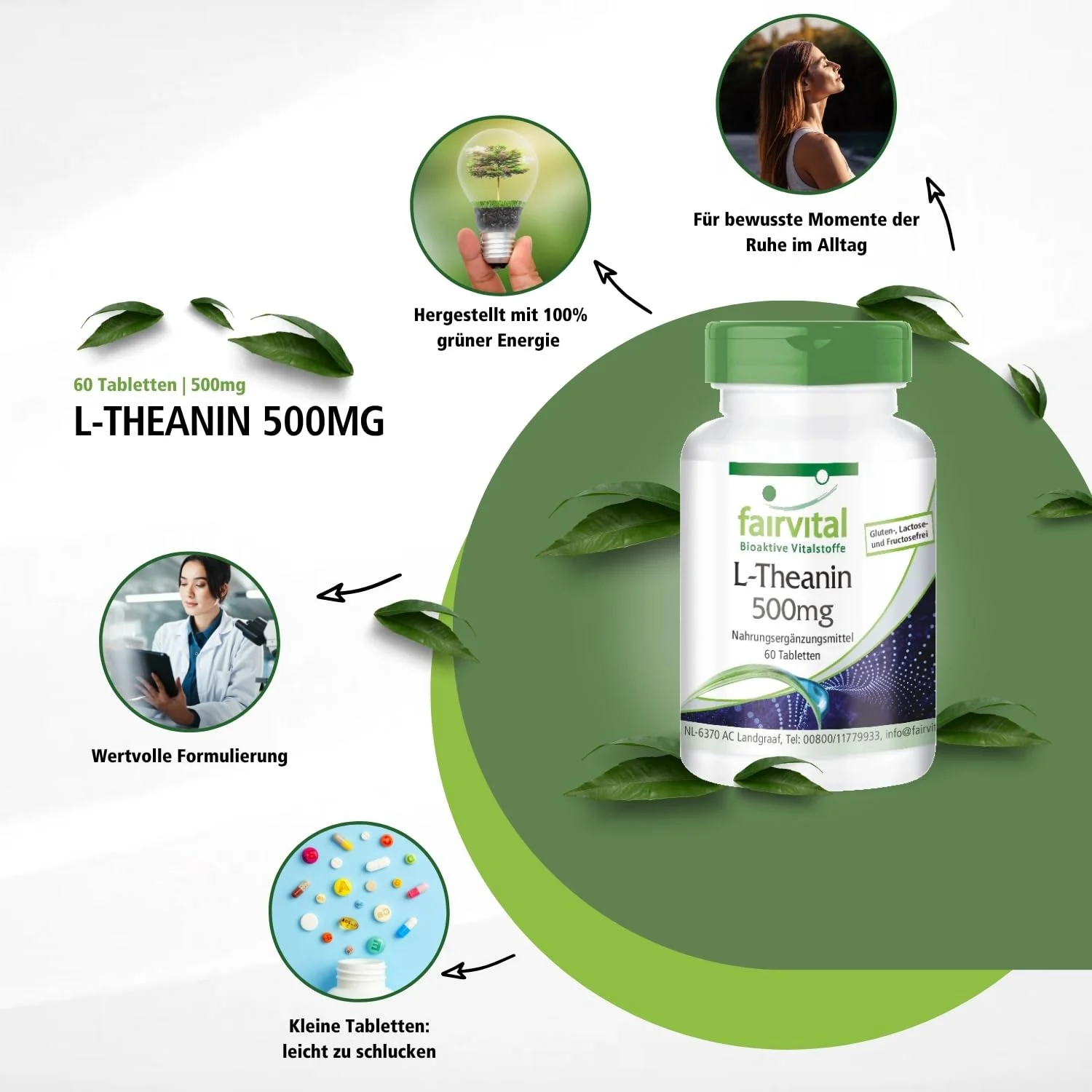 L-Theanin 500mg - 60 Tabletten - Aminosäure - Schluckfreundlich - Hochdosiert und Vegan | Fairvital
