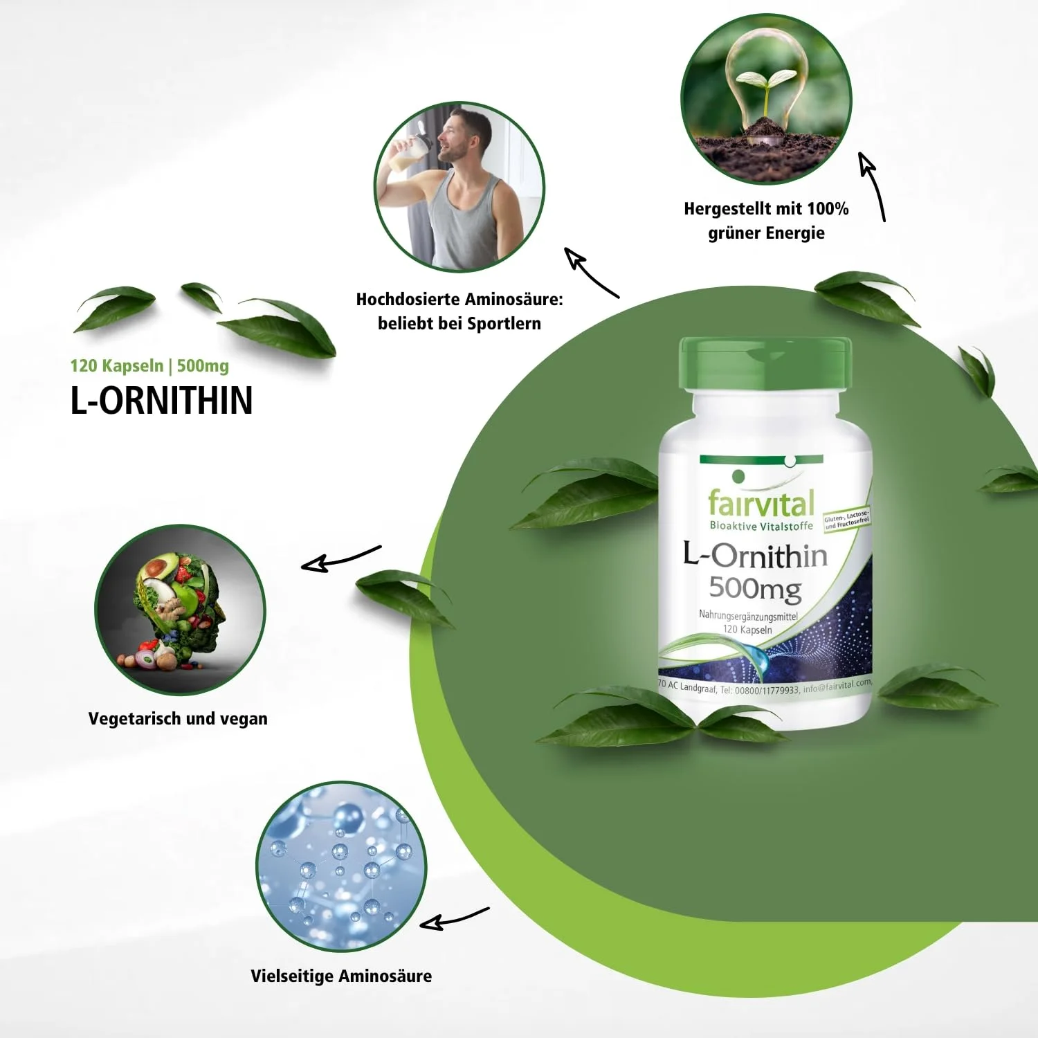 L-Ornithin 500mg  - 120 Kapseln - Hochdosiert und Vegan | Fairvital