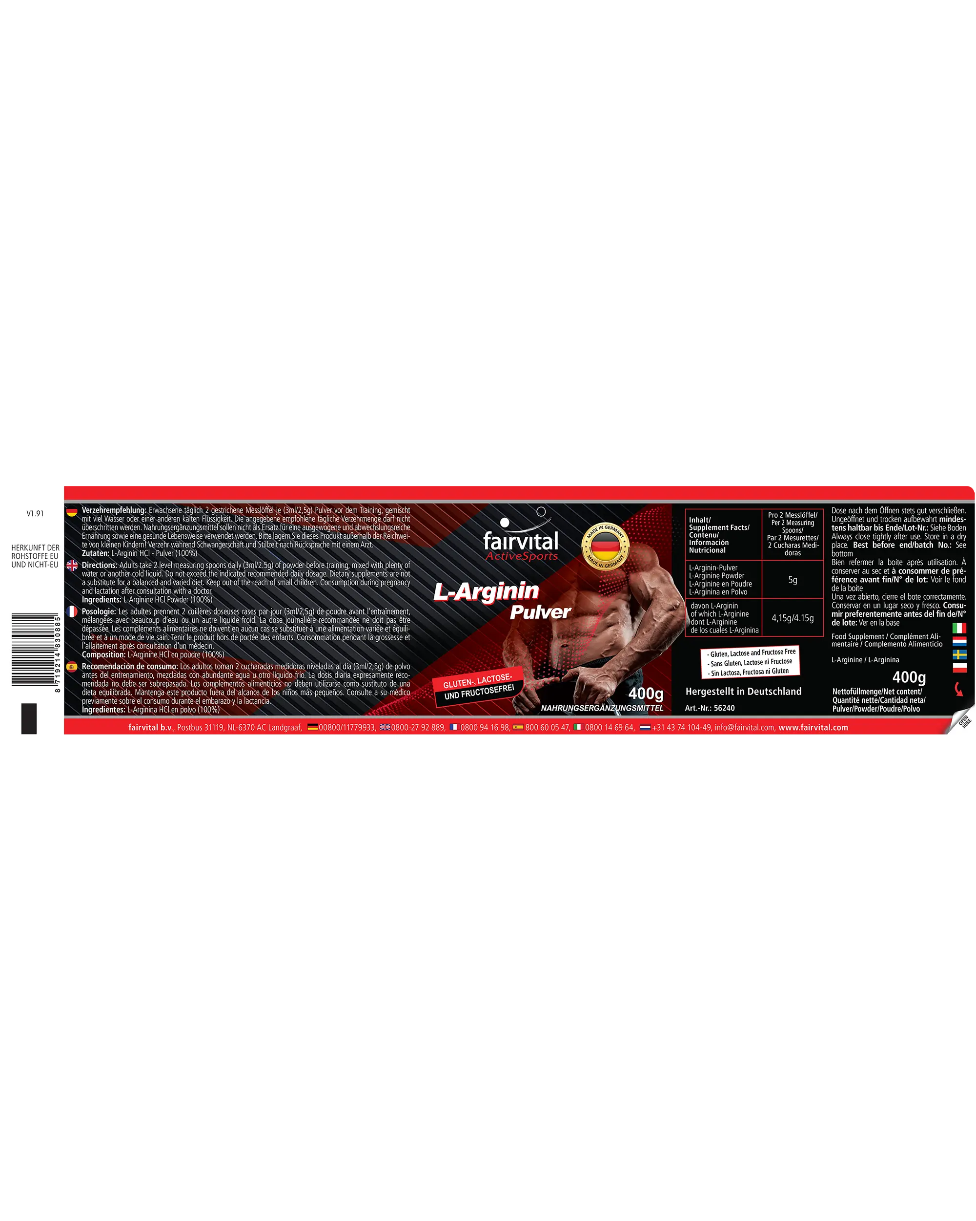 L-Arginin Pulver 400g - 100% pures L-Arginin HCL ohne Zusatzstoffe - Vegan | Fairvital