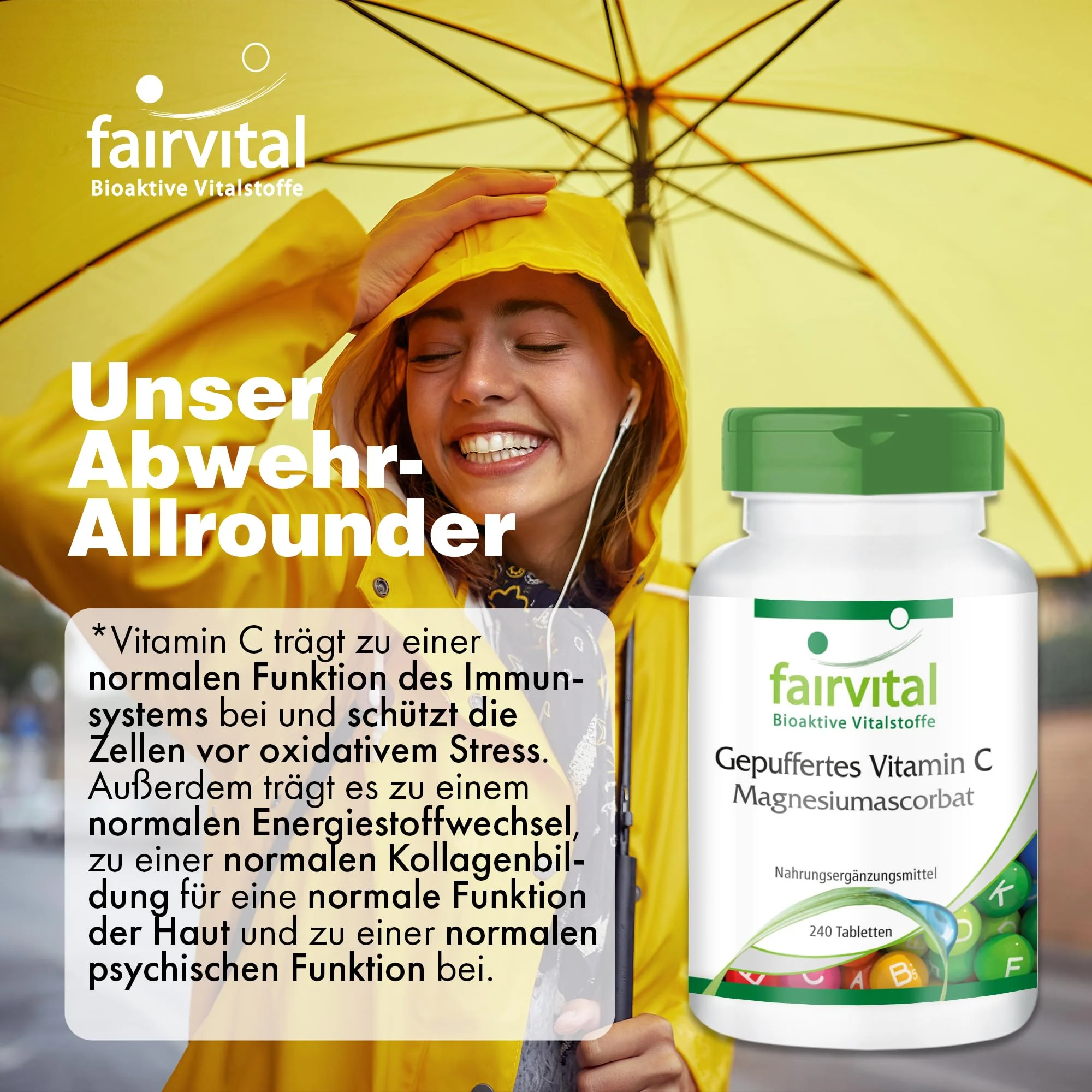 Gepuffertes Vitamin C Magnesiumascorbat - 240 Tabletten - für Immunsystem, Kollagenbildung uvm. | Fairvital