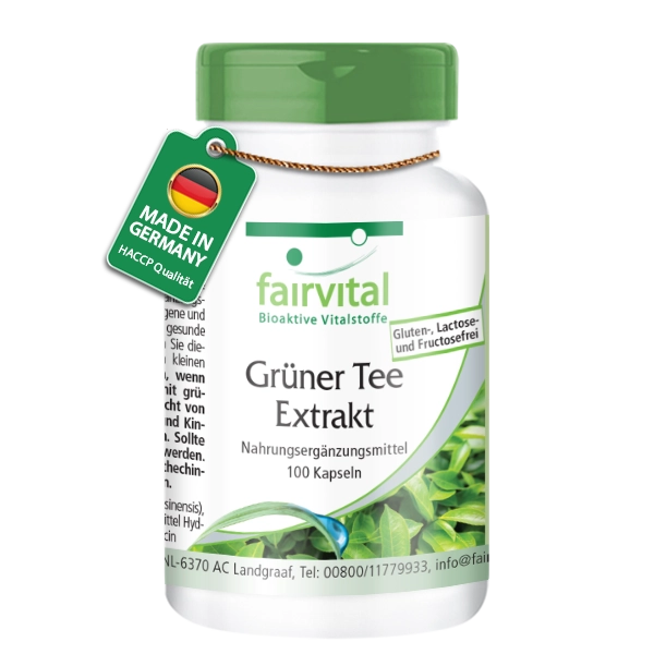 Grüner Tee Extrakt - Camellia sinensis - 100 Kapseln - Polyphenole, Catechine, EGCG & Koffein - Hochdosiert und Vegan | Fairvital Grüner Tee Extrakt - Camellia sinensis - 100 Kapseln - Polyphenole, Catechine, EGCG & Koffein - Hochdosiert und Vegan | Fairvital