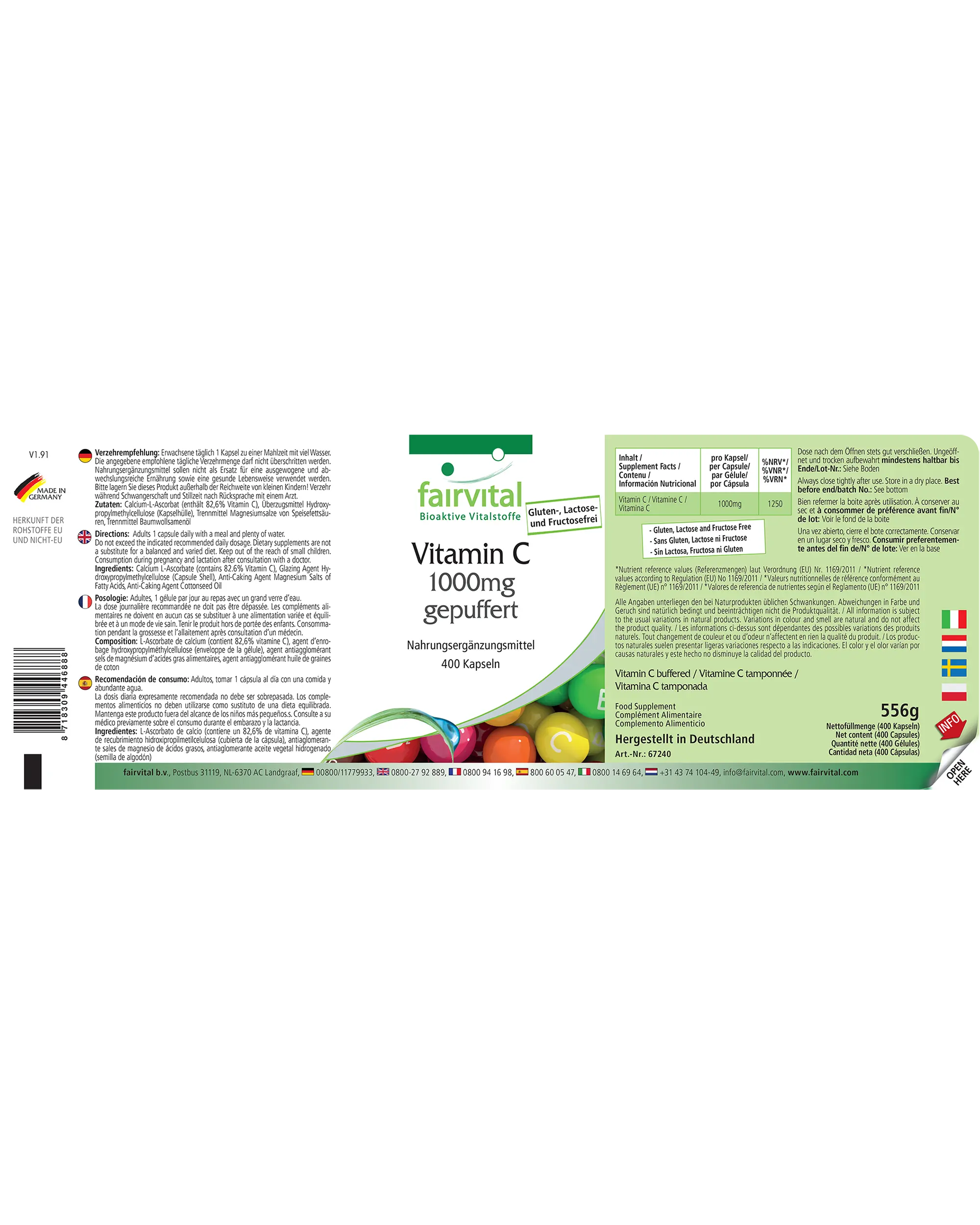 Vitamin C 1000mg gepuffert - 400 Kapseln - für Immunsystem, Kollagenbildung uvm. - abgedeckter Bedarf | Fairvital