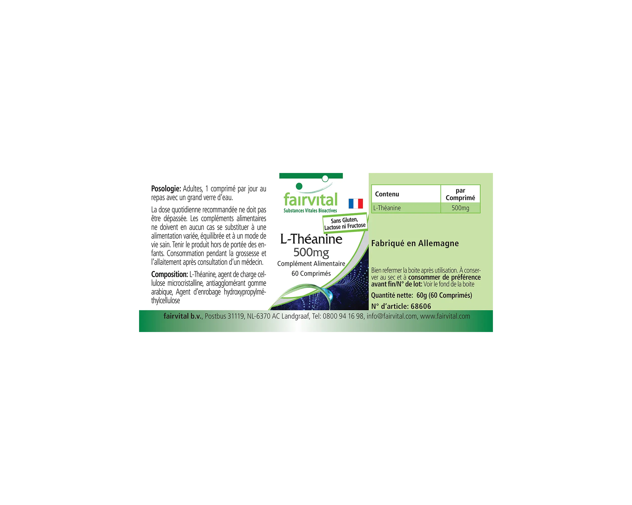 L-Théanine 500mg - 60 comprimés - Acide aminé - Faciles à avaler - Hautement dosée et végane | Fairvital