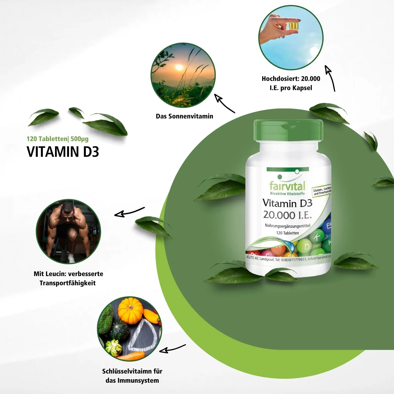 Vitamin D3 20000 I.E. - 120 Tabletten - Schluckfreundlich - Für Immunsystem; Zellteilung uvm. | Fairvital
