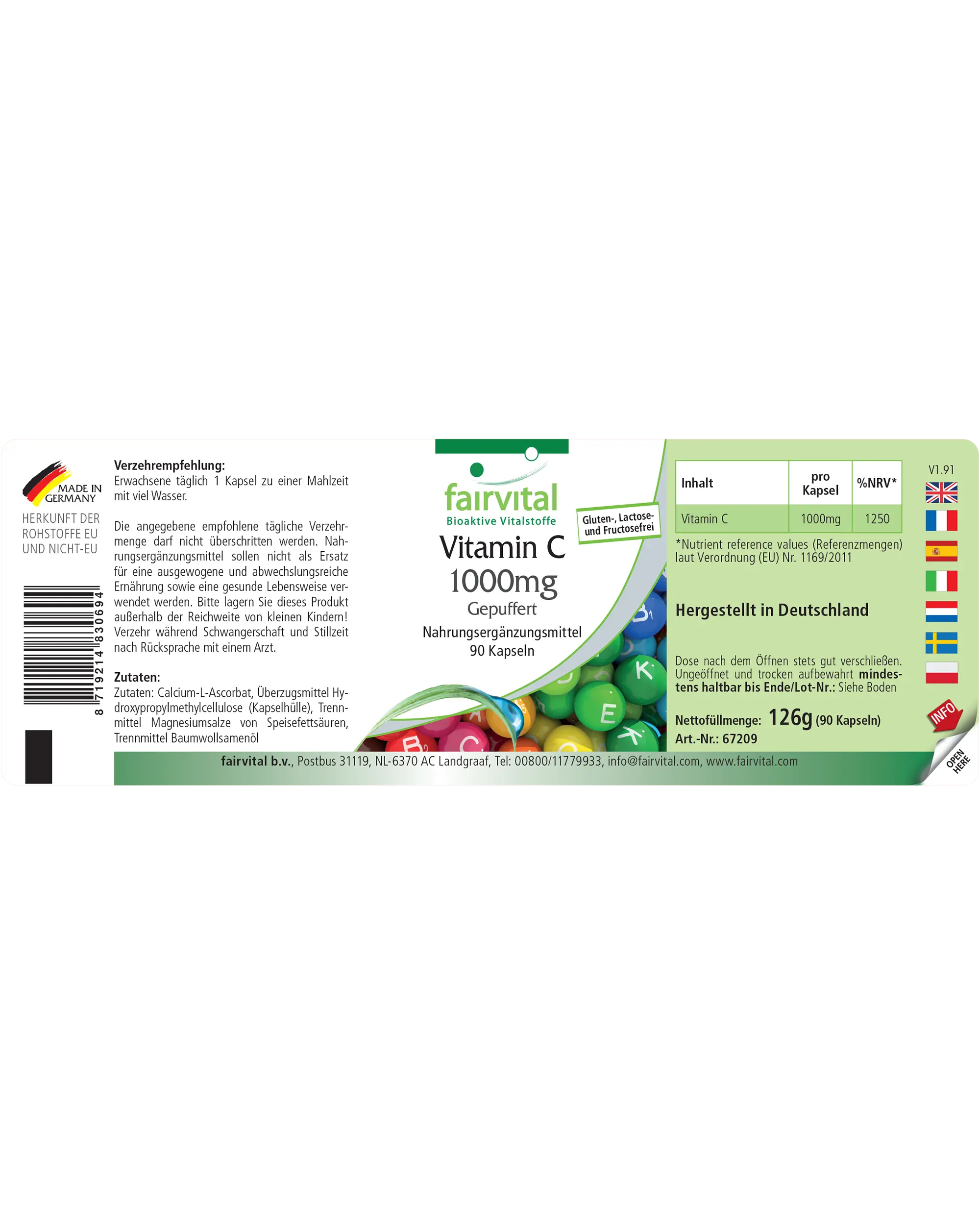 Vitamin C 1000mg gepuffert - 90 Kapseln - für Immunsystem, Kollagenbildung uvm. - abgedeckter Bedarf | Fairvital
