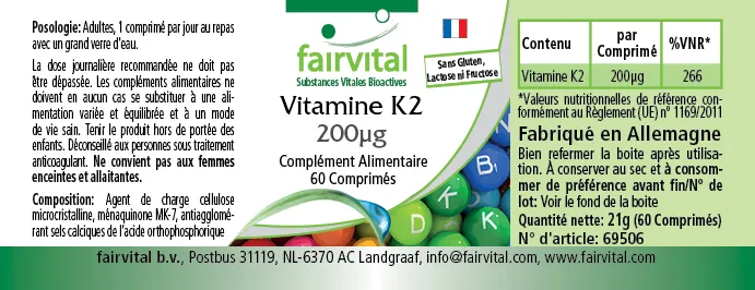 Vitamin K2 200µg - 60 Tabletten - für Knochen, Blutgerinnung - Hochdosiert und Vegan | Fairvital Vitamin K2 200µg - 60 Tabletten - für Knochen, Blutgerinnung - Hochdosiert und Vegan | Fairvital