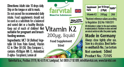 Vitamine K2 liquide 200µg par 10 gouttes - 50ml