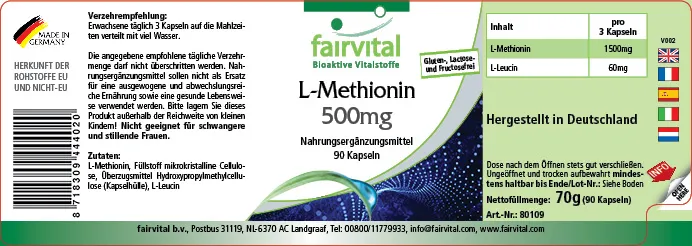L-Methionin 500mg - 90 Kapseln - Vegan | Fairvital L-Methionin 500mg - 90 Kapseln - Vegan | Fairvital