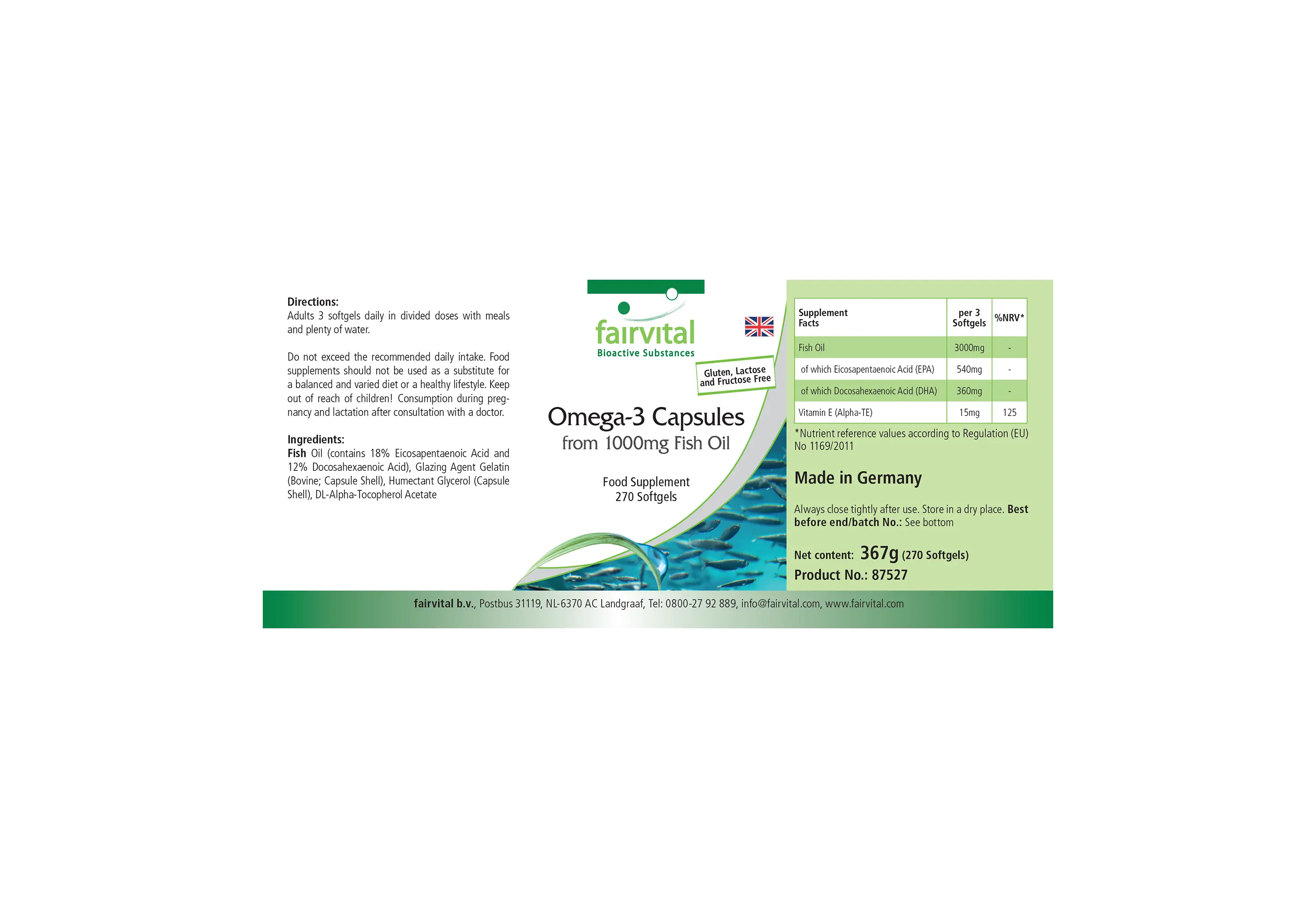Omega-3-Kapseln aus 1000mg Fischöl - 270 Softgels - mit EPA, DHA & Vitamin E - über 100% Bedarfsabdeckung | Fairvital