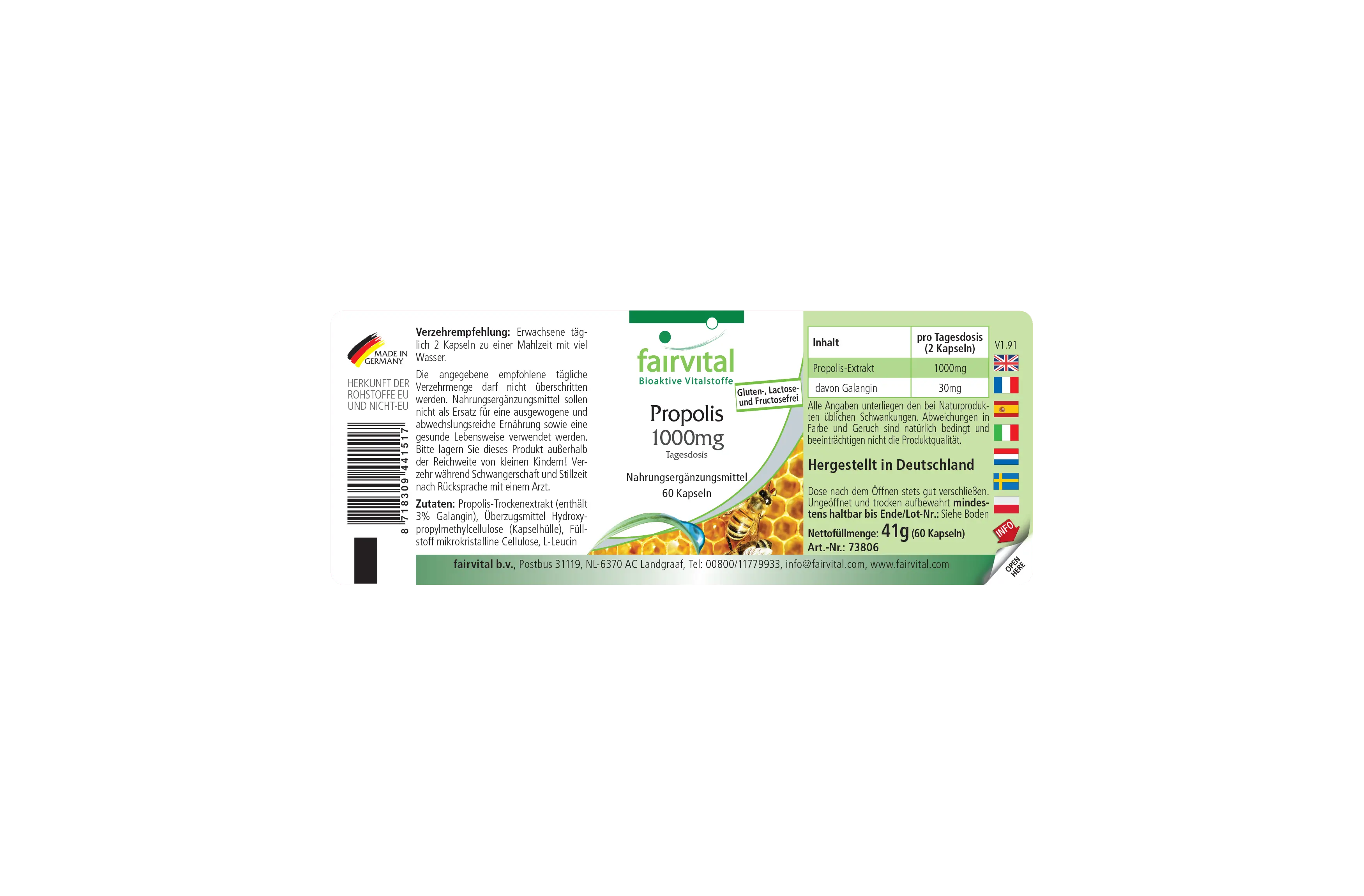 Propolis 1000mg Tagesdosis - 60 Kapseln - Natürliches Bienenharz Extrakt - Mit 3% Galangin | Fairvital