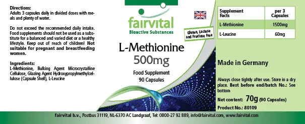 L-Methionin 500mg - 90 Kapseln - Vegan | Fairvital L-Methionin 500mg - 90 Kapseln - Vegan | Fairvital