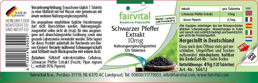 Schwarzer Pfeffer Extrakt 10mg - 120 Tabletten - 95% Piperin - Vegan | Fairvital Schwarzer Pfeffer Extrakt 10mg - 120 Tabletten - 95% Piperin - Vegan | Fairvital