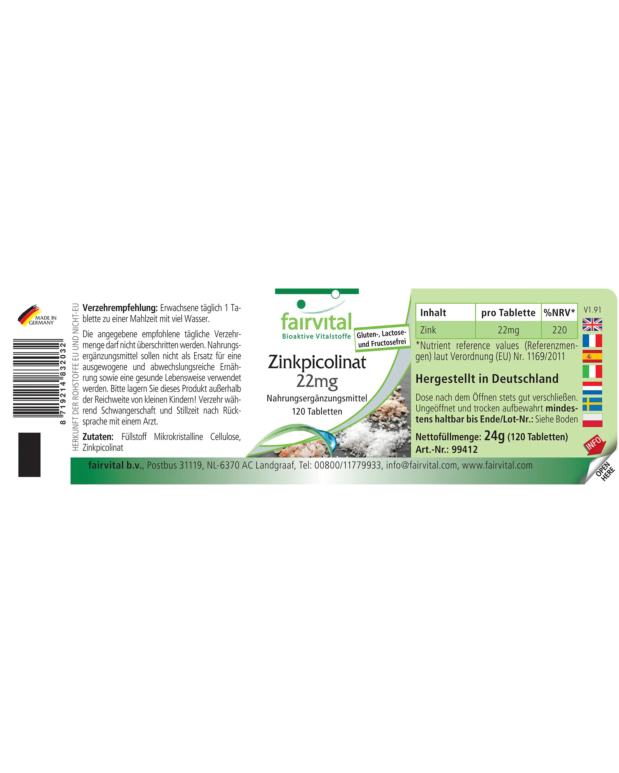 Picolinato di Zinco 22 mg - 120 compresse - oltre il 100% del fabbisogno - per ossa, pelle, vista e altro - vegano | Fairvital