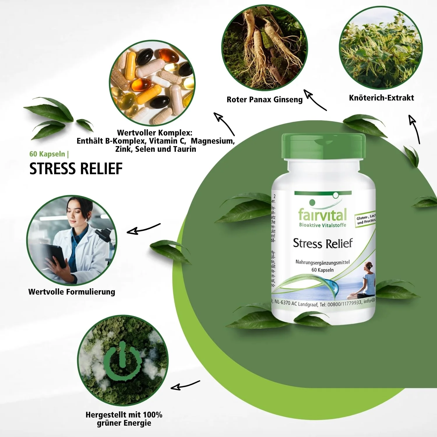 Stress Relief -  60 Kapseln - mit B-Vitaminen; Vitamin C; Zink uvm. - für Nervensystem; Zellschutz uvm. | Fairvital