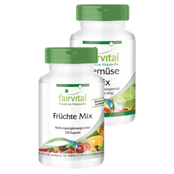 Früchte und Gemüse Mix - 240 Kapseln (120x2) - Natürlich mit vielen Vitaminen & Mineralien - Vegan | Fairvital Früchte und Gemüse Mix - 240 Kapseln (120x2) - Natürlich mit vielen Vitaminen & Mineralien - Vegan | Fairvital