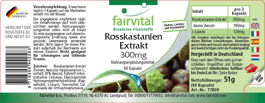 Rosskastanien Extrakt 300mg - 90 Kapseln - mit 20% Aescin - Aesculus hippocastanum - Vegan | Fairvital Rosskastanien Extrakt 300mg - 90 Kapseln - mit 20% Aescin - Aesculus hippocastanum - Vegan | Fairvital
