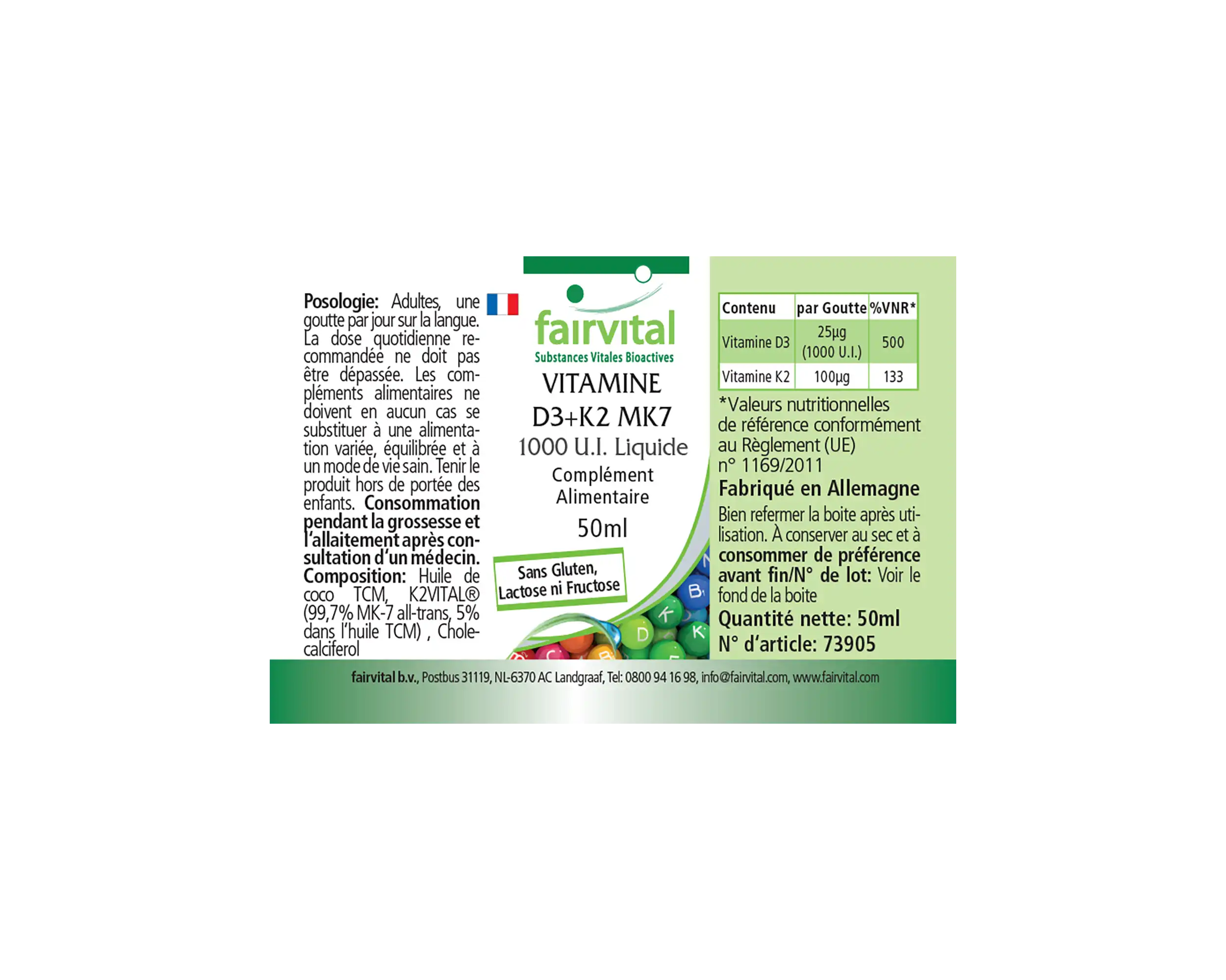 Vitamin D3 + K2 MK7 - 1000 I.E. + 100 μg - 50 ml - für Knochen, Immunsystem uvm. | Fairvital