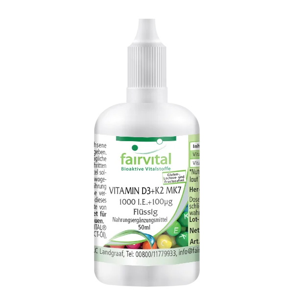 Vitamin D3 + K2 MK7 - 1000 I.E. + 100 μg - 50 ml - für Knochen, Immunsystem uvm. | Fairvital Vitamin D3 + K2 MK7 - 1000 I.E. + 100 μg - 50 ml - für Knochen, Immunsystem uvm. | Fairvital