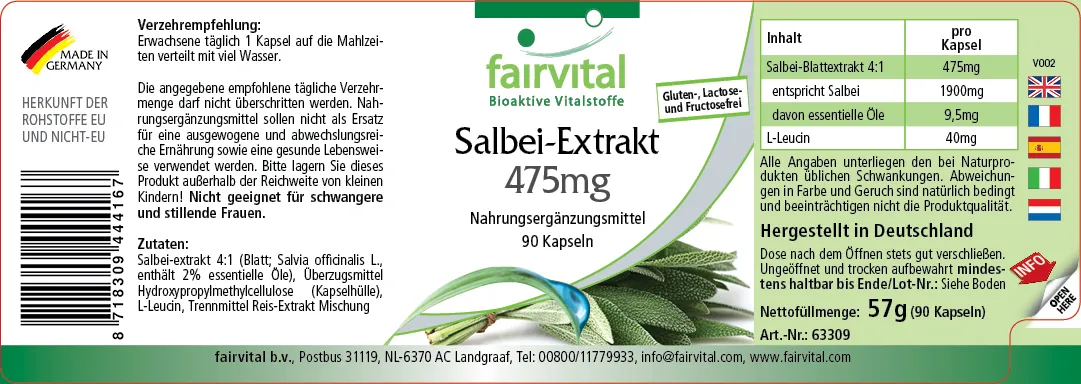 Salbei Extrakt 475mg - 90 Kapseln - 2% essentielle Öle - Salvia officinalis - Vegan | Fairvital Salbei Extrakt 475mg - 90 Kapseln - 2% essentielle Öle - Salvia officinalis - Vegan | Fairvital