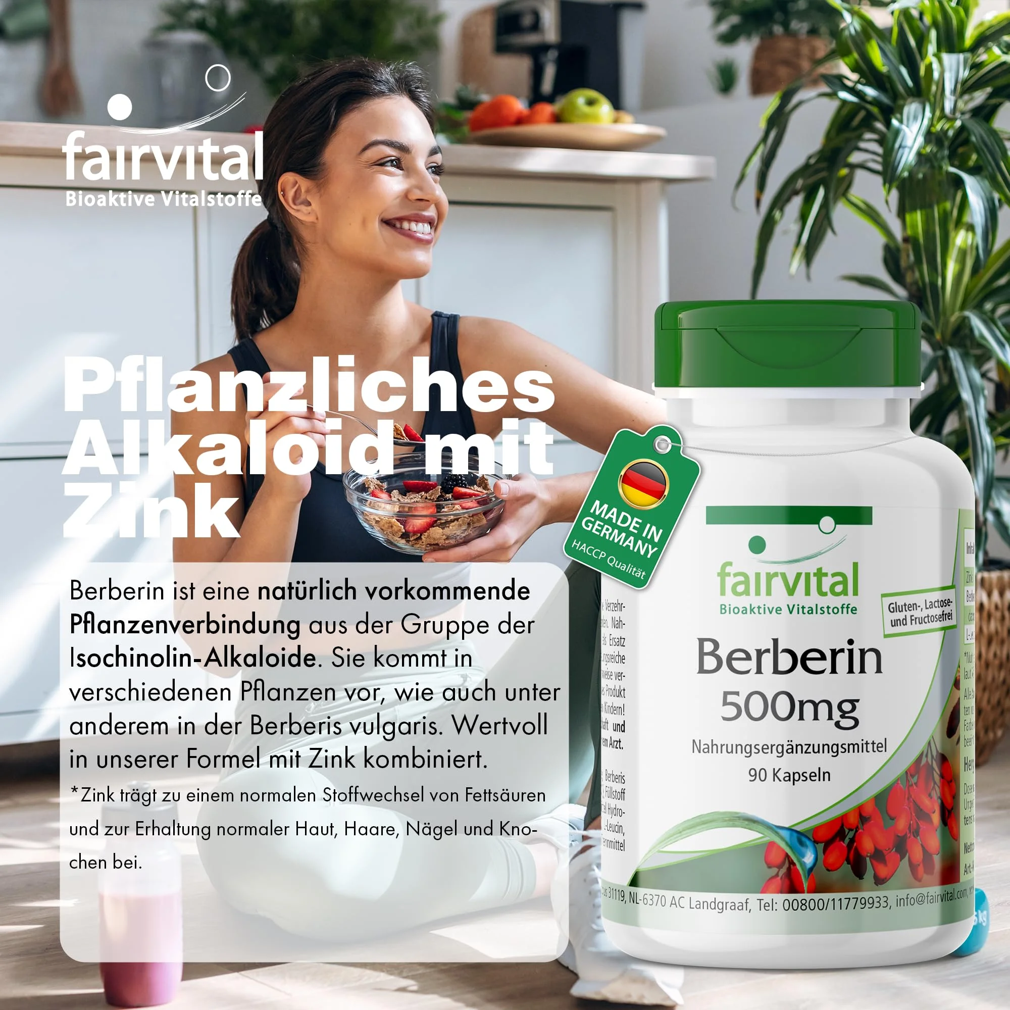 Berberin 500mg - mit Zink für Sehkraft, Haare, Haut, Immunsystem uvm. - 90 Kapseln - abgedeckter Bedarf - Hochdosiert und Vegan | Fairvital