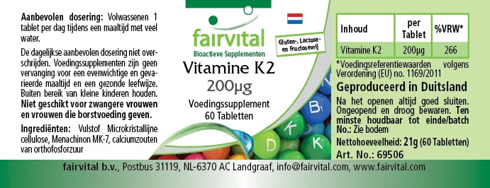 Vitamin K2 200µg - 60 Tabletten - für Knochen, Blutgerinnung - Hochdosiert und Vegan | Fairvital Vitamin K2 200µg - 60 Tabletten - für Knochen, Blutgerinnung - Hochdosiert und Vegan | Fairvital