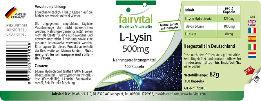 L-Lisina 500mg - 100 Cápsulas