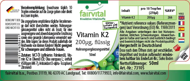Vitamina K2 líquida 200µg por 10 gotas - 50ml