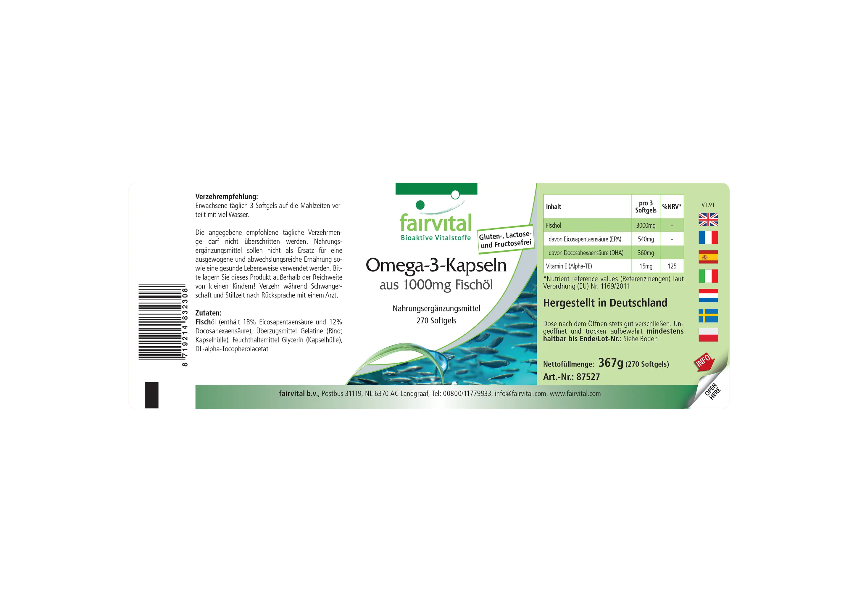 Omega-3-Kapseln aus 1000mg Fischöl - 270 Softgels - mit EPA, DHA & Vitamin E - über 100% Bedarfsabdeckung | Fairvital