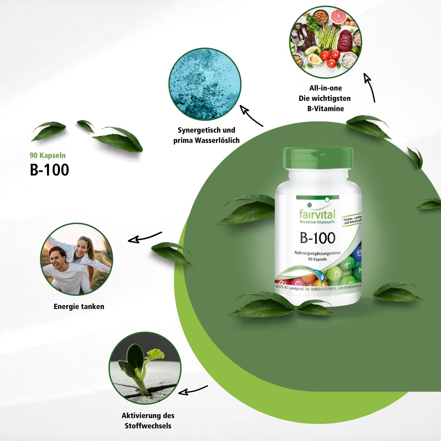 B-100 - 90 Kapseln - Komplex aller B-Vitamine - für Haare, Haut & gegen Müdigkeit - abgedeckter Bedarf - vegan | Fairvital