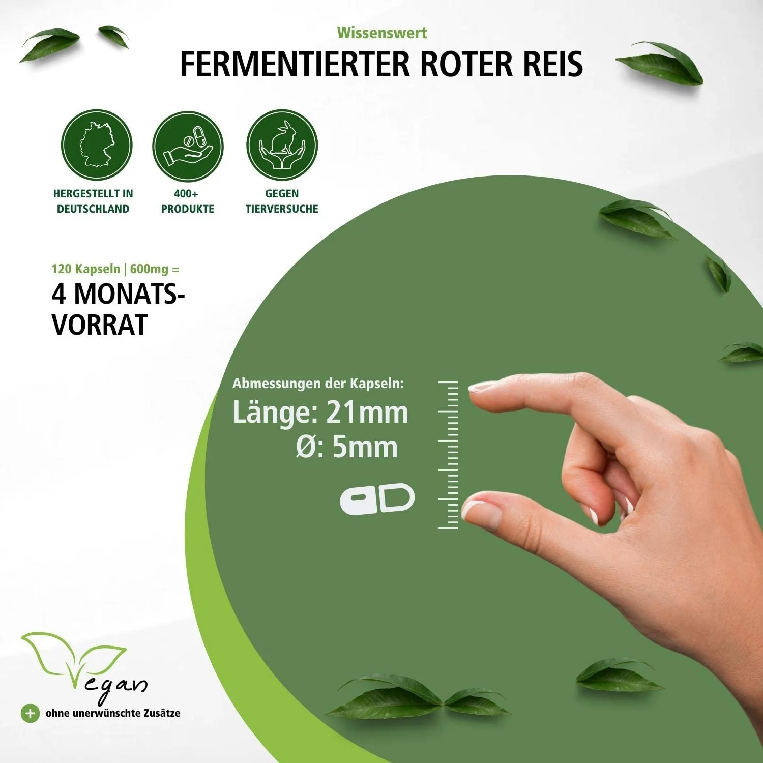 Fermentierter Roter Reis 600mg - 120 Kapseln - Monascus purpureus - mit Monacolin K - Vegan | Fairvital