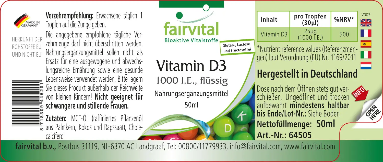 Vitamin D3 flüssig 1000 I.E. pro Tropfen | Fairvital Vitamin D3 flüssig 1000 I.E. pro Tropfen | Fairvital