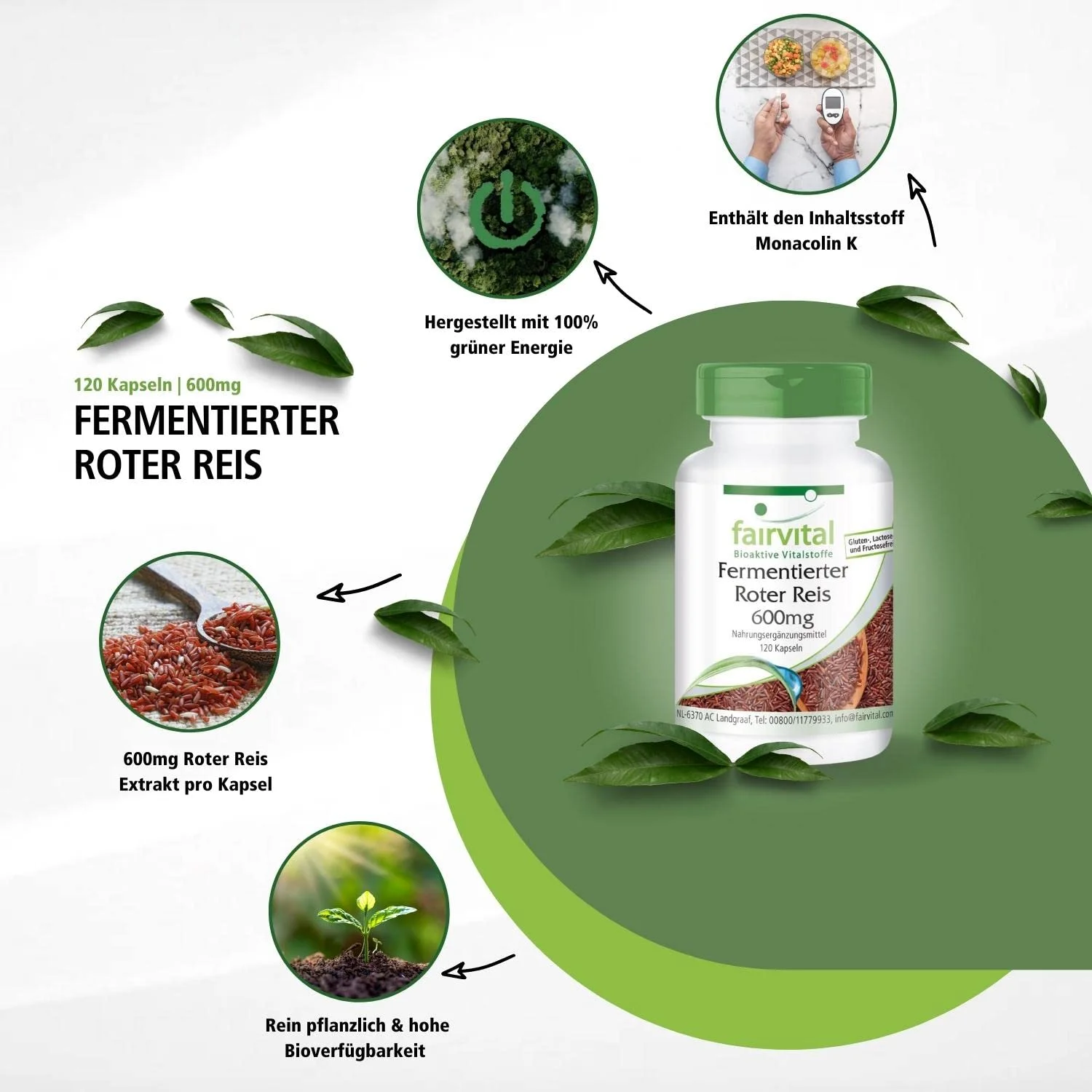 Fermentierter Roter Reis 600mg - 120 Kapseln - Monascus purpureus - mit Monacolin K - Vegan | Fairvital