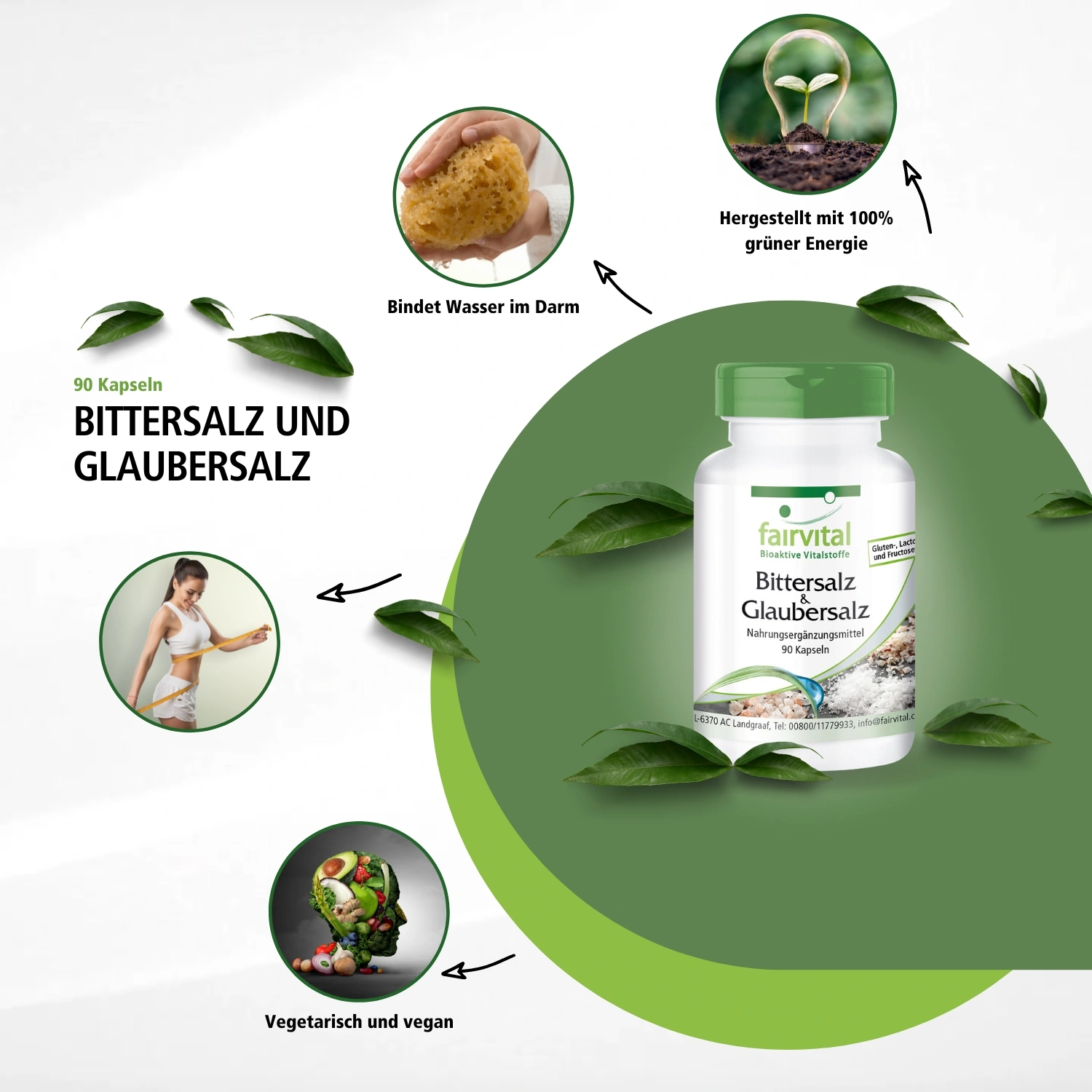 Bittersalz & Glaubersalz - 90 Kapseln - mit Magnesiumsulfat - für Muskeln, Elektrolytgleichgewicht uvm. | Fairvital