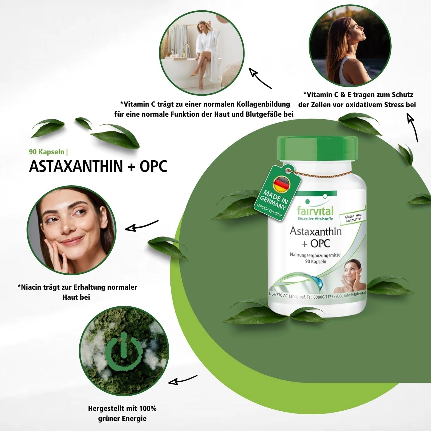 Astaxanthin + OPC - mit Vitamin C & E - für Immunsystem & Kollagenbildung - 90 Kapseln - Hochdosiert und Vegan | Fairvital