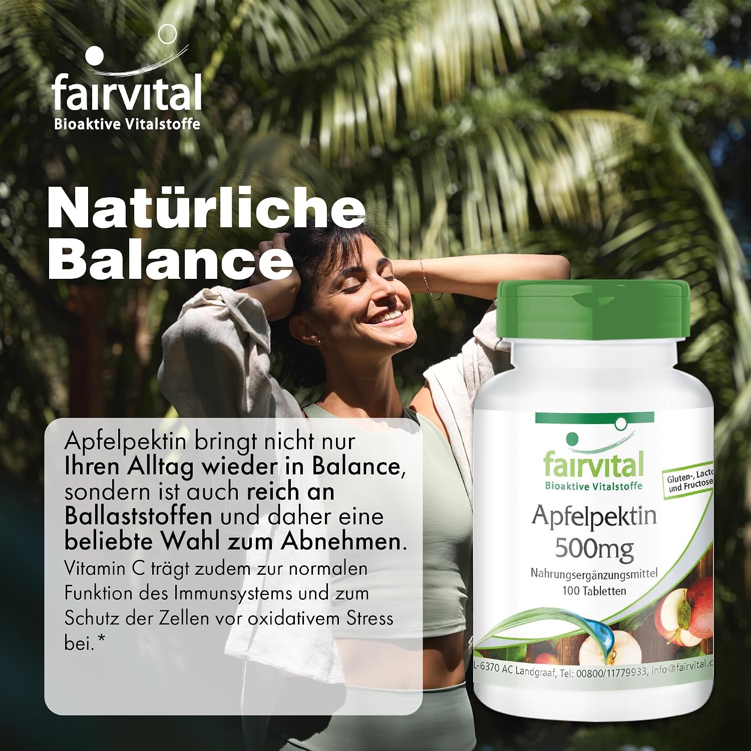 Apfelpektin 500mg - 100 Tabletten - mit Vitamin C; Calcium - für Knochen; Immunsystem uvm. - Vegan | Fairvital