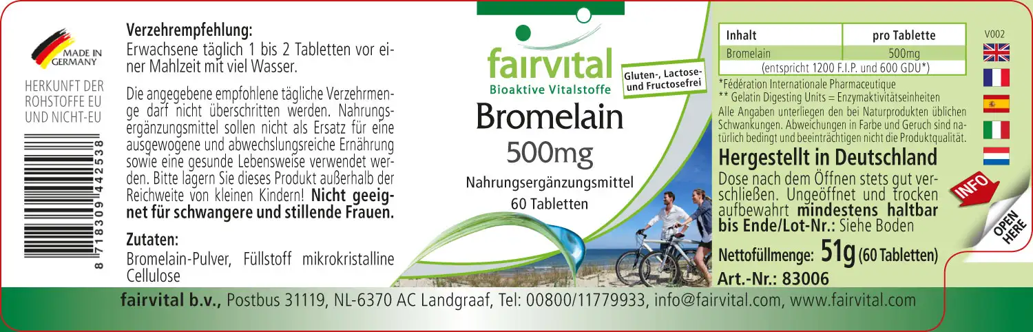 Bromelain 500mg - 60 Tabletten - 1000mg pro Tagesdosis - 600 F.I.P. - Ananasenzym - Vegan | Fairvital Bromelain 500mg - 60 Tabletten - 1000mg pro Tagesdosis - 600 F.I.P. - Ananasenzym - Vegan | Fairvital