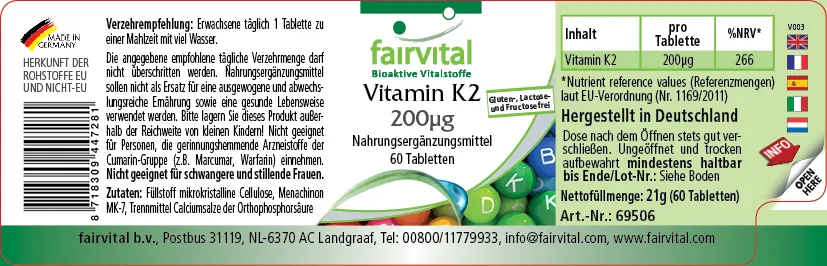 Vitamin K2 200µg - 60 Tabletten - für Knochen, Blutgerinnung - Hochdosiert und Vegan | Fairvital Vitamin K2 200µg - 60 Tabletten - für Knochen, Blutgerinnung - Hochdosiert und Vegan | Fairvital