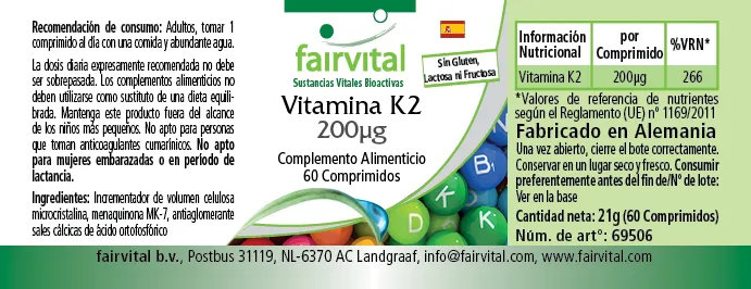 Vitamin K2 200µg - 60 Tabletten - für Knochen, Blutgerinnung - Hochdosiert und Vegan | Fairvital Vitamin K2 200µg - 60 Tabletten - für Knochen, Blutgerinnung - Hochdosiert und Vegan | Fairvital