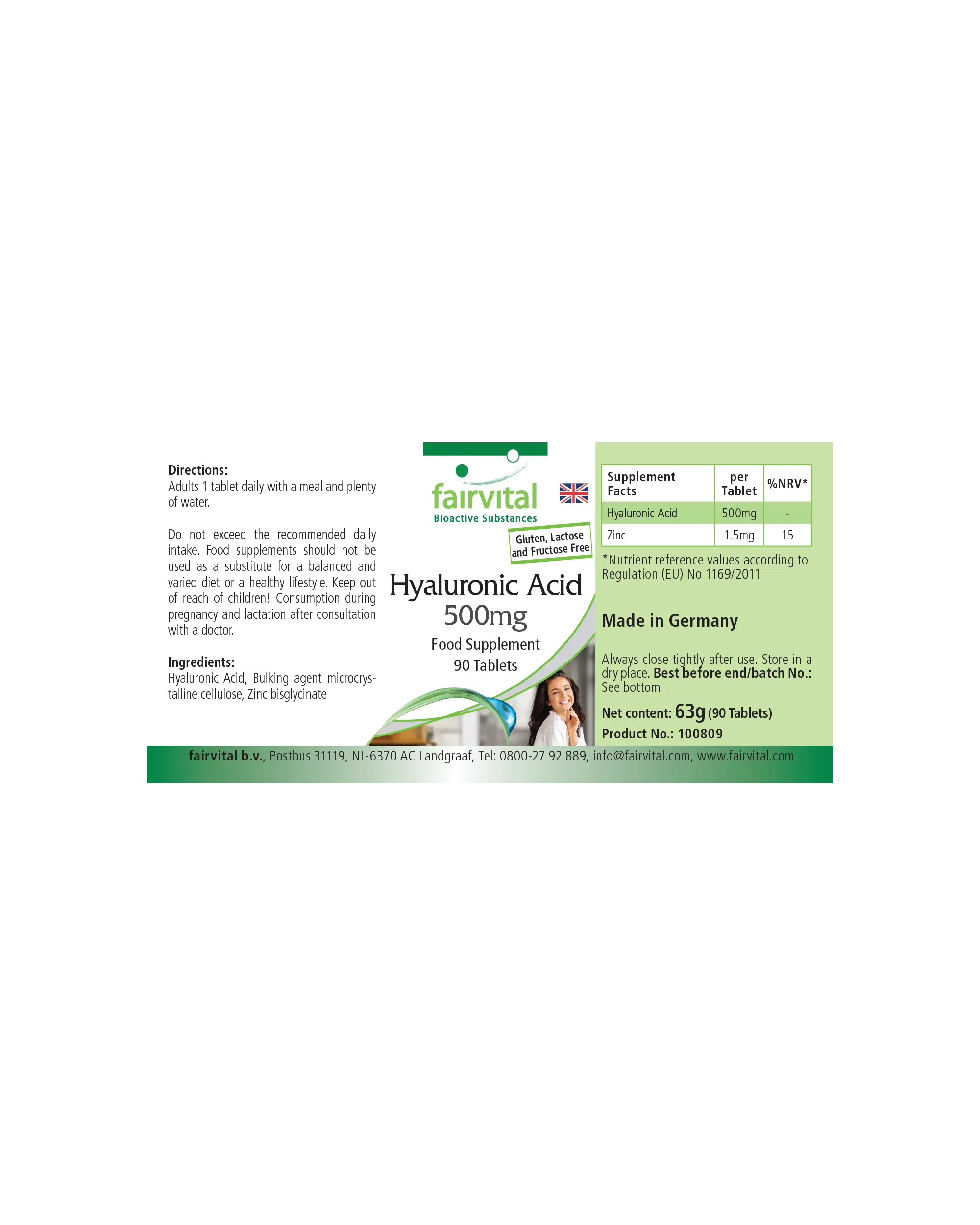 Ácido Hialurónico 500 mg - 90 Comprimidos - con Zinc - Vegano | Fairvital