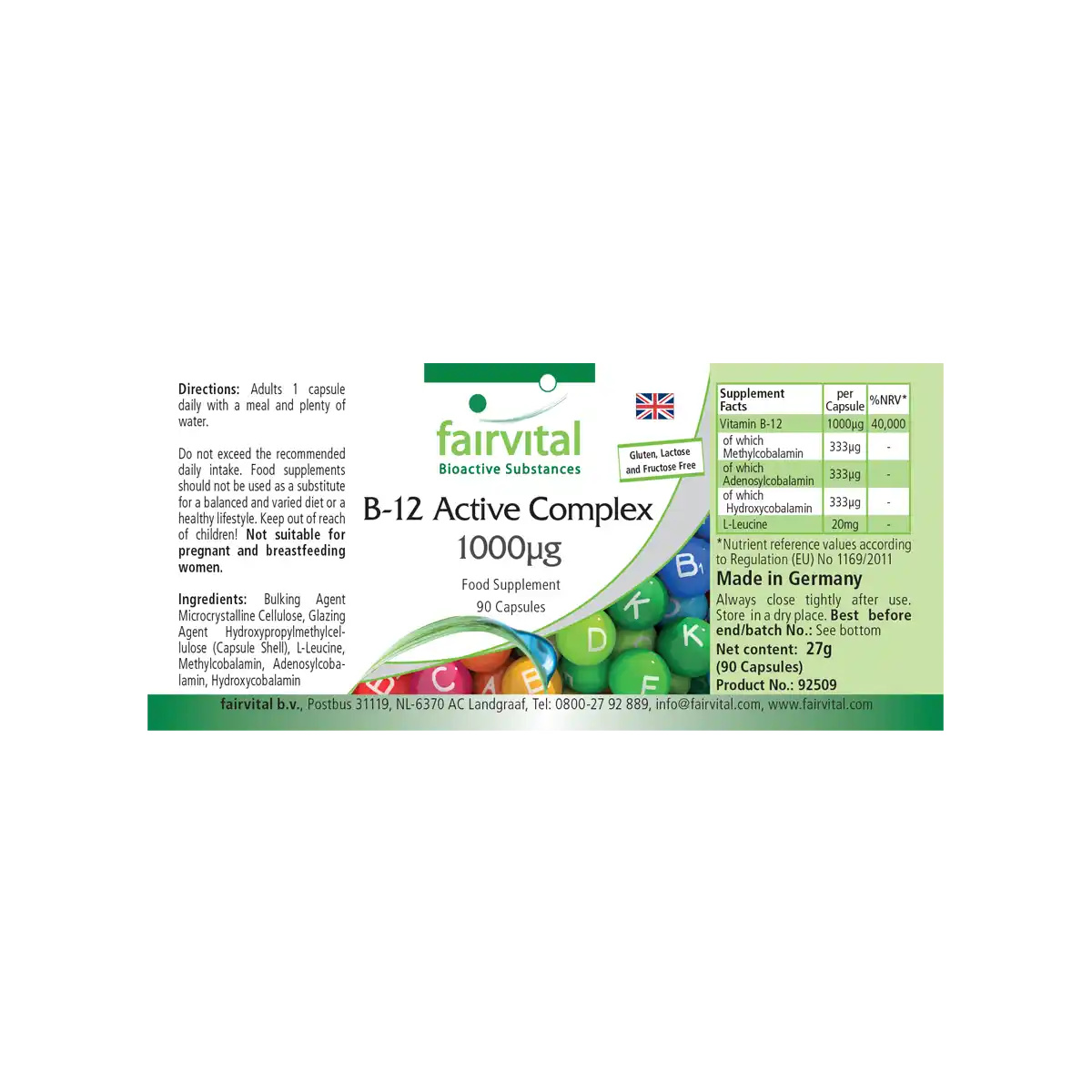 B-12 Aktiv-Komplex 1000µg - mit Vitamin B12 - 90 Kapseln - Vegan | Fairvital B-12 Aktiv-Komplex 1000µg - mit Vitamin B12 - 90 Kapseln - Vegan | Fairvital