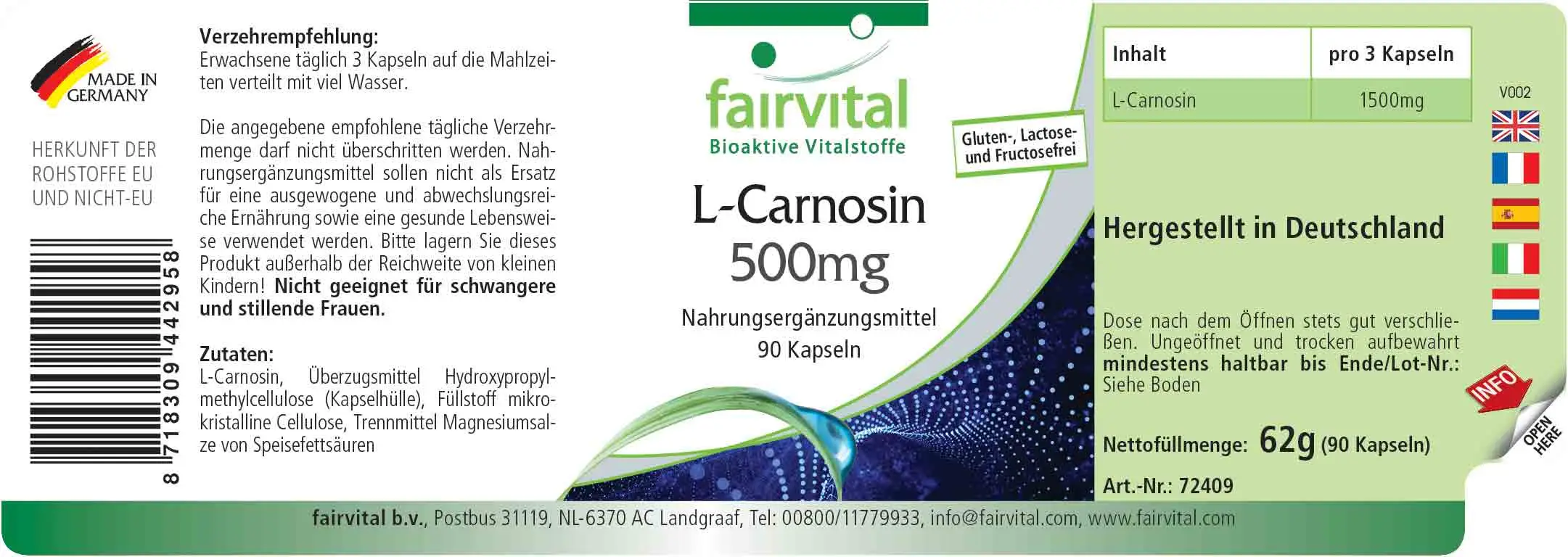 L-Carnosin 500mg - 90 Kapseln - Aminosäure - Hochdosiert und Vegan | Fairvital L-Carnosin 500mg - 90 Kapseln - Aminosäure - Hochdosiert und Vegan | Fairvital