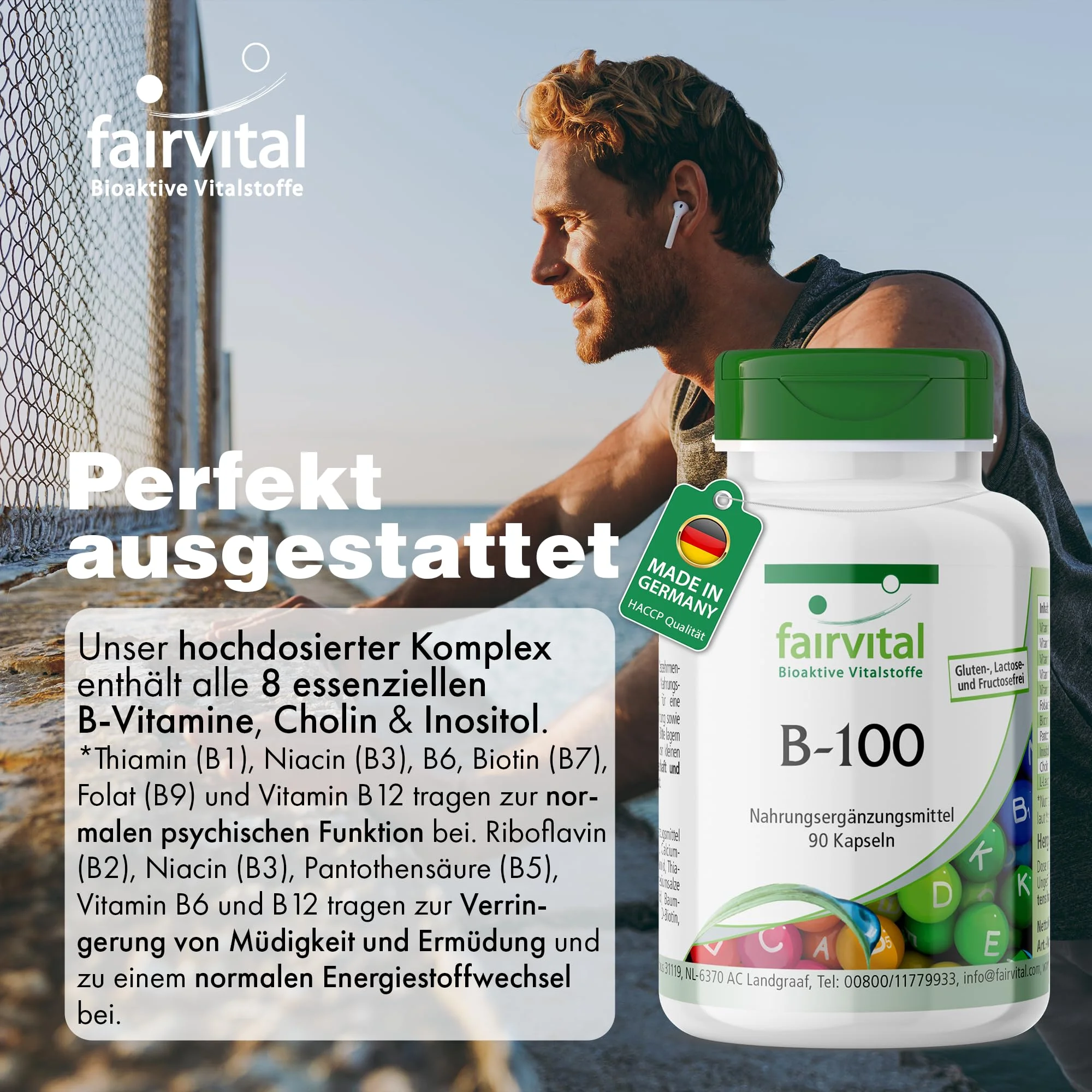 B-100 - 90 Kapseln - Komplex aller B-Vitamine - für Haare, Haut & gegen Müdigkeit - abgedeckter Bedarf - vegan | Fairvital