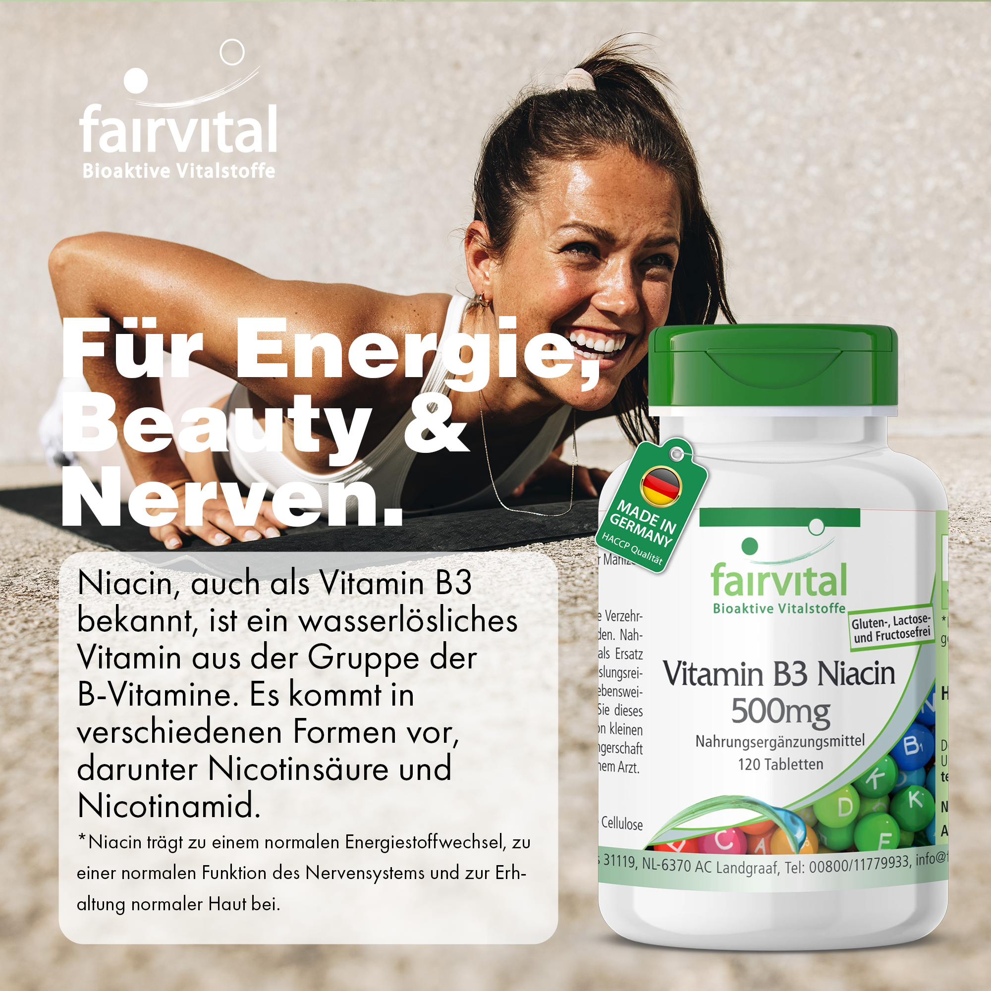 Vitamin B3 Niacin 500mg - 120 Tabletten - für Energie, Nervensystem uvm. - hochdosiert und vegan | Fairvital