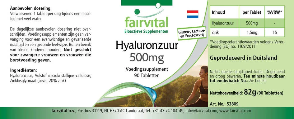 Hyaluronsäure 500mg - 90 Tabletten - mit Zink - für Sehkraft, Immunsystem uvm. - Vegan | Fairvital Hyaluronsäure 500mg - 90 Tabletten - mit Zink - für Sehkraft, Immunsystem uvm. - Vegan | Fairvital