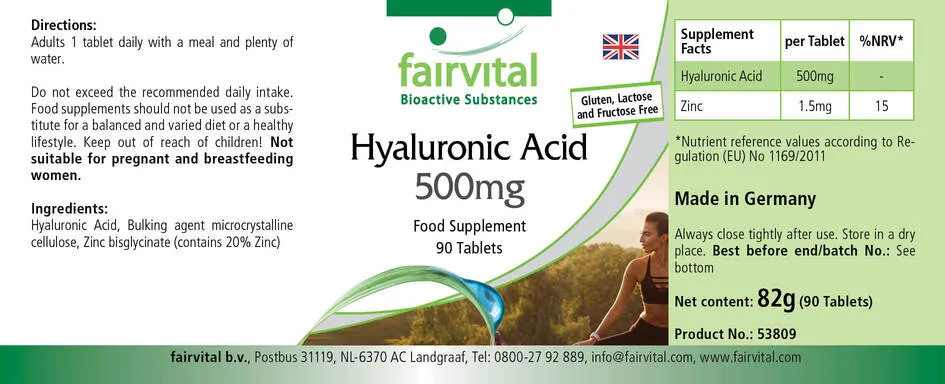 Hyaluronsäure 500mg - 90 Tabletten - mit Zink - für Sehkraft, Immunsystem uvm. - Vegan | Fairvital Hyaluronsäure 500mg - 90 Tabletten - mit Zink - für Sehkraft, Immunsystem uvm. - Vegan | Fairvital