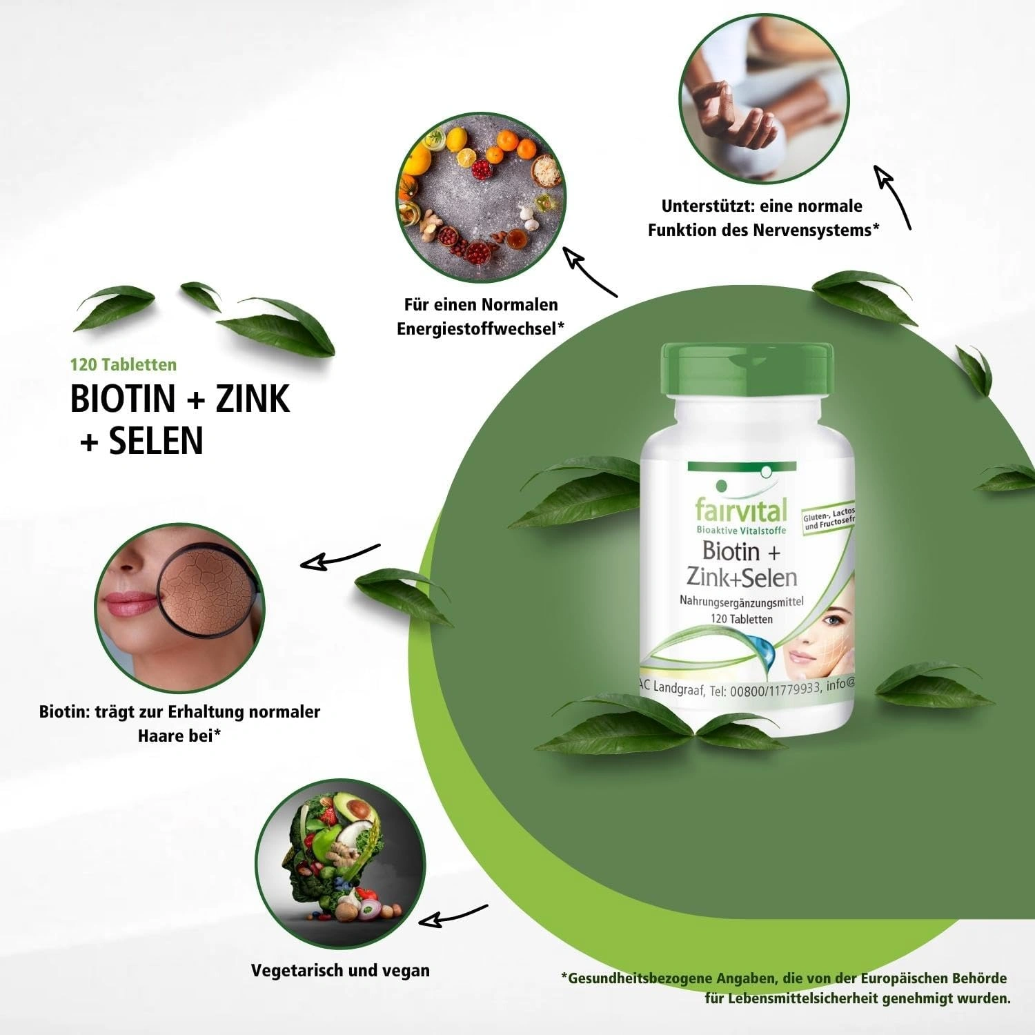 Biotin + Zink + Selen - 120 Tabletten - Schluckfreundlich - Beauty-Tabletten - Für Haare; Haut & Fingernägel - Vegan | Fairvital