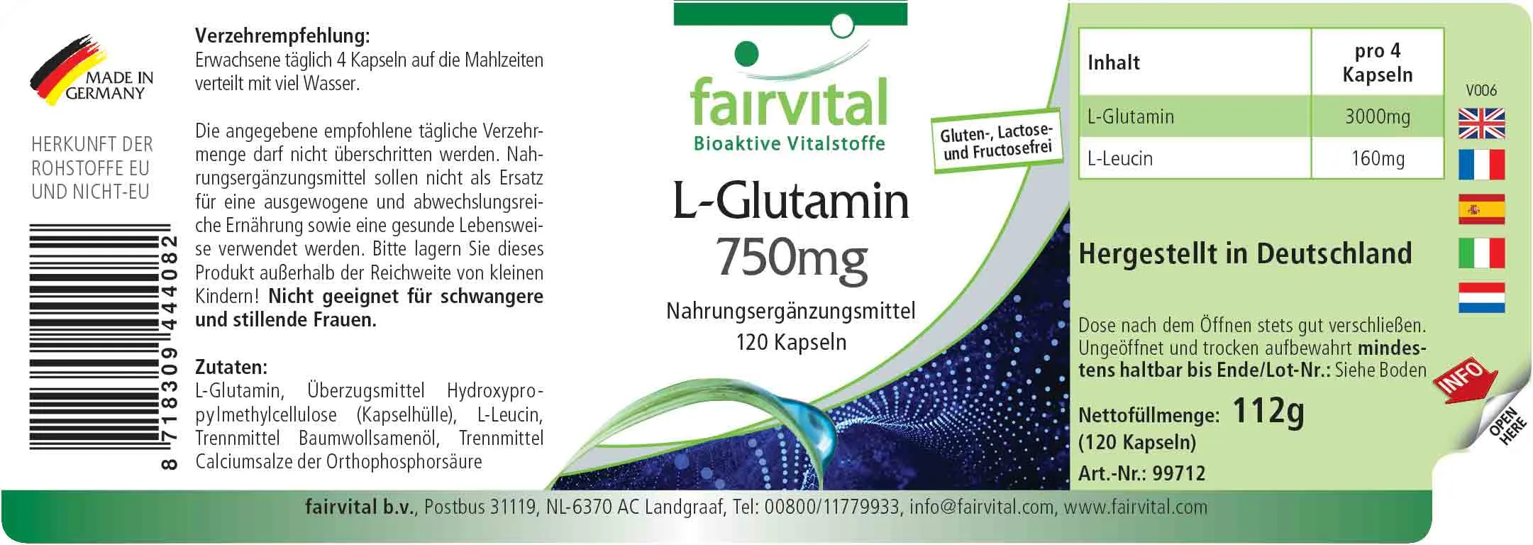L-Glutamin Kapseln 750mg - 120 Kapseln - Hochdosiert- Vegan- freie Form der Aminosäure | Fairvital L-Glutamin Kapseln 750mg - 120 Kapseln - Hochdosiert- Vegan- freie Form der Aminosäure | Fairvital